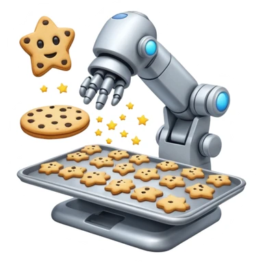 Half spaceship cookie factory floating in space, robotic arms baking in zero gravity, stars in background, futuristic emoji-style sticker
