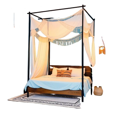 cozy boho bedroom with canopy bed, macramé wall hangings, and warm lighting sticker