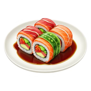 sushi roll on plate with green wasabi blob and small red chili sticker