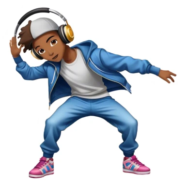 Icon for Street Dance: a dancer in urban streetwear performing a dynamic lower breakdance move, with a spray-painted background, headphones, and a boombox on the asphalt. The icon should capture the energy, style, and creativity of street dance culture. Transparent background. sticker