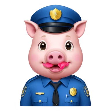 a pig, upright, in a police officer uniform, drooling, eyes looking to the bottom left sticker
