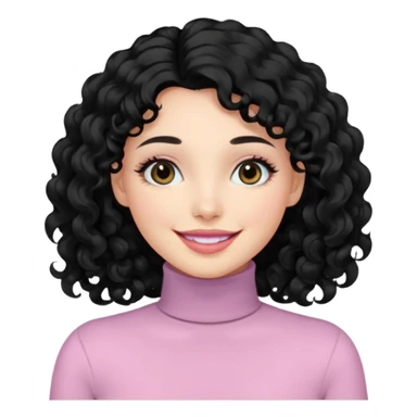 a woman with long sleeve turtle neck top and smile, her hair is long curly and the color is black, her eyes color are black and the color of her lip is soft pink sticker