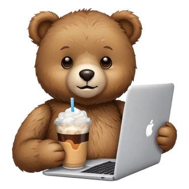 A teddy bear holding an iced Americano and using a laptop. sticker