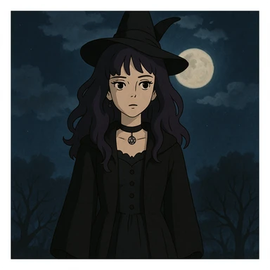 gothic woman with purple hair, witchy touch, standing in moonlight, ghibli style sticker