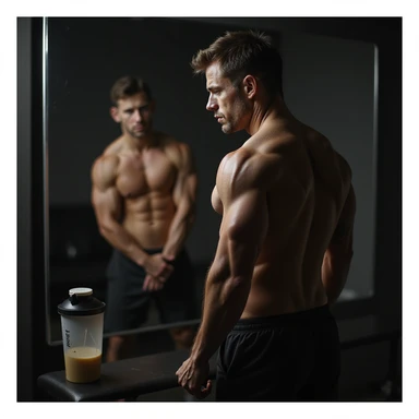 realistic bodybuilder man in cutting phase, standing in front of mirror, smaller and deflated muscles, visible but less full veins, frustrated look, gym background with dim light, protein shaker on bench sticker