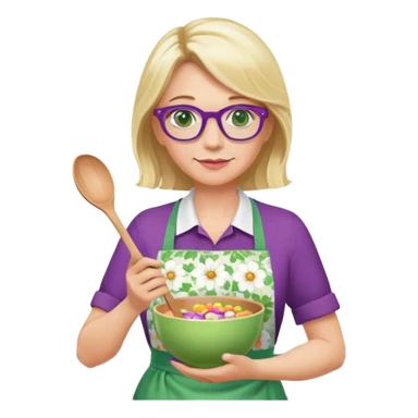 middle aged woman with shoulder length blonde hair, purple glasses, green eyes, wearing a flower apron, holding a bowl in one hand and a mixing spoon in the other sticker