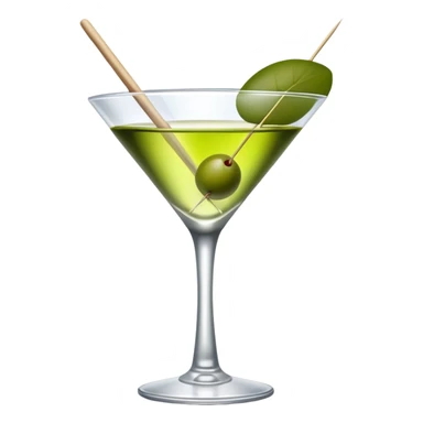 martini glass with completely colorless transparent liquid like pure water, with a green olive at the bottom skewered by a toothpick sticker