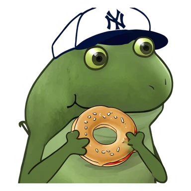wearing a yankees hat, holding a bagel sticker