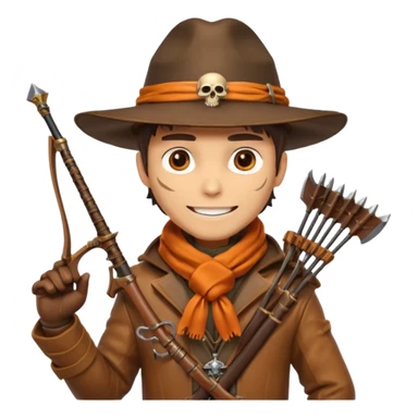 male human monster hunter emoji, wearing brown leather coat and wide hat, holding crossbow or rifle, with amulet shaped like skull, Halloween fantasy theme, confident smile, orange scarf, Apple emoji style, clean white background, square image sticker