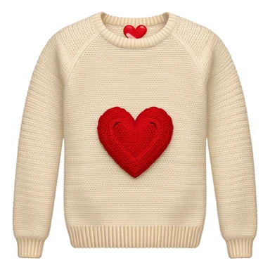 knit cream-colored sweater with red crochet heart on sleeve sticker