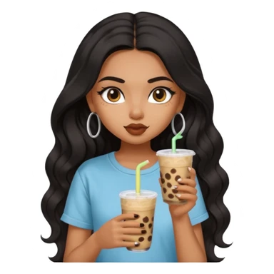 a pretty FAIR indian bratz girl with wavy long black hair, wearing an oversized brown tshirt, drinking boba, eyeliner on sticker