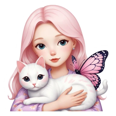 Gorgeous pastel lady with blushing butterfly pattern hugging a white cat, aesthetic trendy style sticker