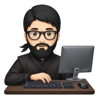 Man with black hair and beard wearing glasses in a ninja costume. Keep the top left version, make the beard longer and add a computer keyboard  sticker