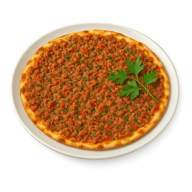 Turkish lahmacun with minced meat and herbs on a plate, clean background sticker