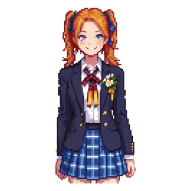 cheerful high school girl with orange side ponytail and yellow ribbon, blue eyes, navy blazer, red ribbon, blue plaid skirt, standing in a school courtyard with cherry blossoms, spring breeze, energetic smile sticker