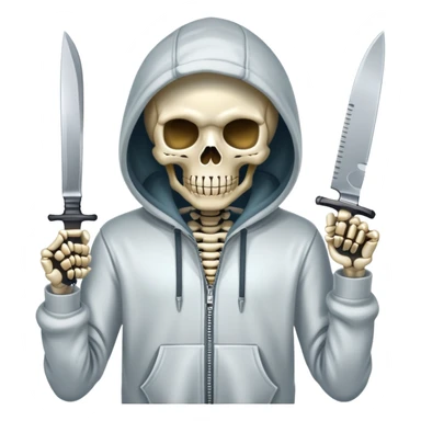Skeleton in a hoodie with a knife sticker