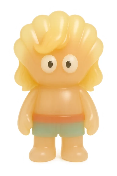 贝壳, retro 90's toy style, very transparent and slightly see-through, natural tan skin, blonde hair, colorful shorts, large white eyeballs with small black pupils, soft plastic texture, soft reflections, soft and squishy, some cloudiness, not shiny, highly detailed, appealing, no tag, no background sticker