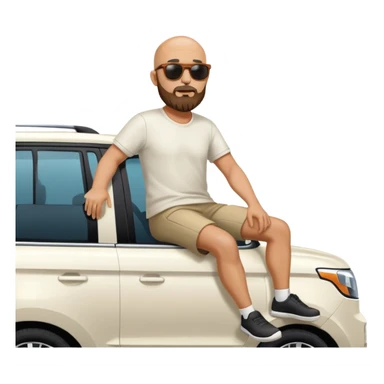 bald man with beard sitting on top of a white Kia Mohave SUV sticker