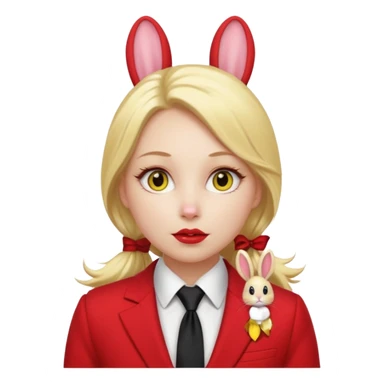 Woman with porcelain white skin, thick blonde hair that's in a thick, long ponytail, has the nose of a bunny, yellow scleras, red pupils, and a red suit with a black tie. sticker