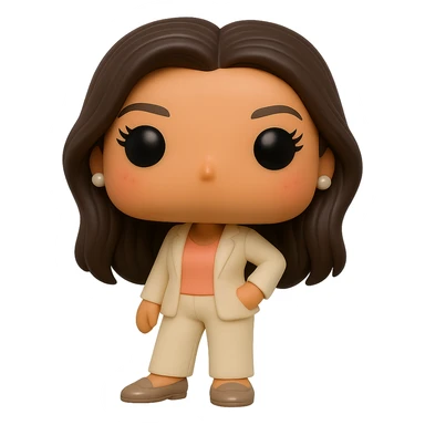 Eva Longoria as a Funko Pop style vinyl figure with superior quality, luminous smooth tanned skin, detailed dark hair, textured cream blazer, peach top, cream bottoms, small pearly earrings, greige leather loafers clearly visible, cool pose, rosy cheeks, very discreet freckles, eyelashes, mischievous and cheerful expression, no mouth, transparent background. sticker