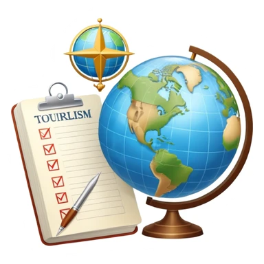 An icon featuring a hotel building, and a globe, symbolizing the scientific study of tourism and hospitality. The design includes a map, a compass, and a checklist, representing travel planning and service management. Transparent background highlights the academic exploration of the tourism industry sticker