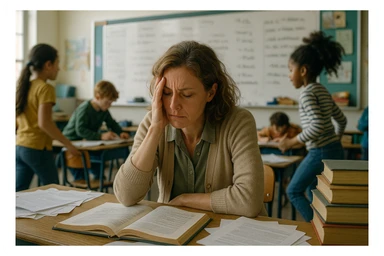 photograph of exhausted teacher in a bustling classroom sticker