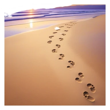 A quiet beach at sunset. Two sets of footprints—one small, the other larger, leading forward. As they continue, the small steps merge into the larger ones, until only one set remains, past and present walking as one. sticker