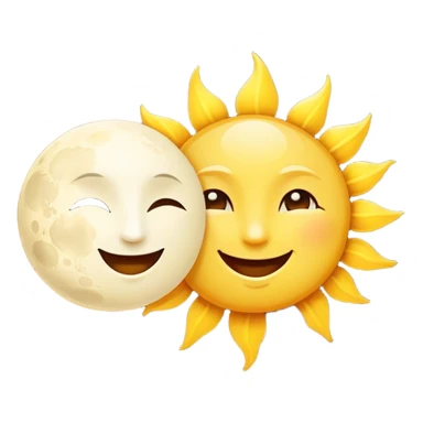 a really bright  big sun and a small moon who shines because of it. the sun is bigger and the tiny \moon bright too beside it smiling looking at each other sticker