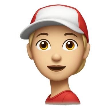 Girl with short hair, fair skinned with cheekbones, wearing red shirt and cap sticker