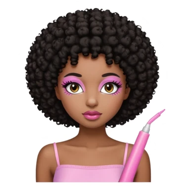 Dark brown skin girl with short black curly hair afro styled , she has pretty wispy cat eyelashes and is wearing a light pink tube top with lip gloss  sticker