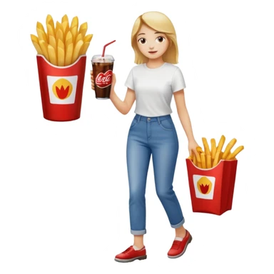 a young woman full length with cola in one hand and french fries in the other hand and a painting under her arm walking left sticker
