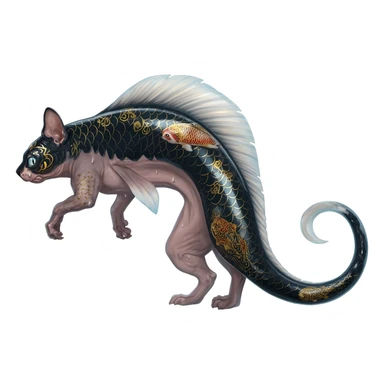 Edgy badass swimmy wet painted intricate ornate Japanese Asian koi-Minccino-Lykoi-Emolga-Sphynx-Linoone-Zangoose-fusion-hybrid-animal-Fakémon-creature, full body, thin long sleek scaly tail, intricate markings sticker