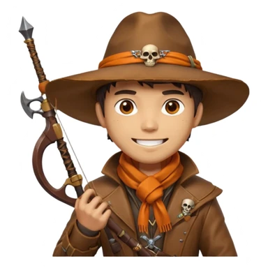 male human monster hunter emoji, wearing brown leather coat and wide hat, holding crossbow, with amulet shaped like skull, Halloween fantasy theme, confident smile, orange scarf, Apple emoji style, clean white background, square image sticker