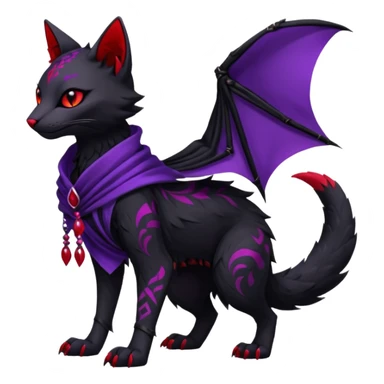 Kawaii feral, four-legged gothic dark badass black, red, purple, beautiful pretty elegant divine edgy feline-vernid-sergal-Trico-fursona-animal-creature, full body, with intricate detailed markings, silken shawl sticker