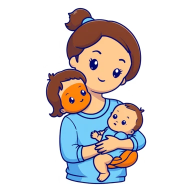 brunette girl with brown hair wearing pastel blue clothes holding a baby sticker