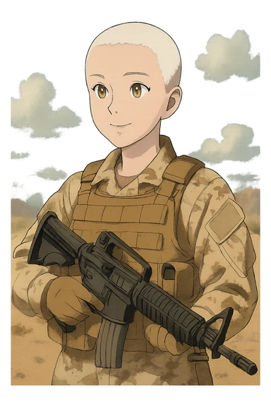 1 female, US soldier, 2010's era, she is wearing tan desert camo and a plate carrier with an m-16, gold yellow eyes, short buzzed white hair, face covered sticker