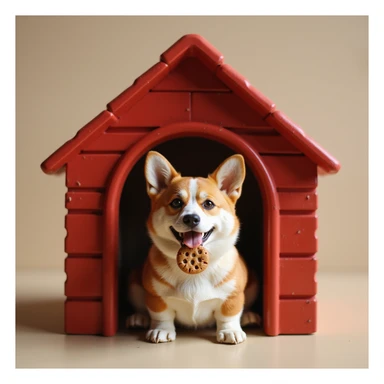 realistic red dog house with a Corgi dog inside, Corgi with a cookie, photorealistic style sticker