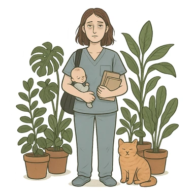 tall medium-build woman with shoulder-length brown hair, pale skin, gray eyes, looking tired, surrounded by house plants and a cat, representing a full-time mom, student, and nurse sticker