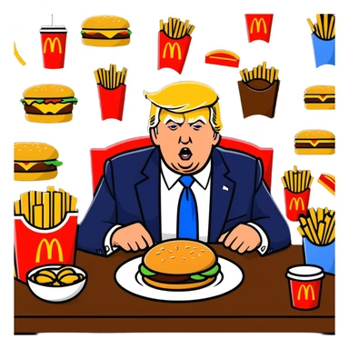Donald Trump in a playful war room, surrounded by McDonald's food, cartoon sticker style sticker