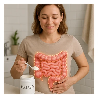 realistic image of a woman in bathroom or kitchen, healthy intestine thanks to collagen, satisfied expression, clinical details, visible collagen supplement sticker