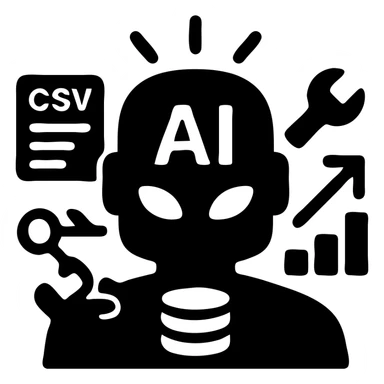 Create a modern, minimalist icon silhouette representing a powerful, all-knowing AI that receives CSV data, uses tools to upload to a database, runs SQL queries, and produces sharable data visualizations. The icon should be a single-color silhouette in bold purple, abstract but clearly suggesting intelligence, data, and connectivity, with no text or gradients. sticker