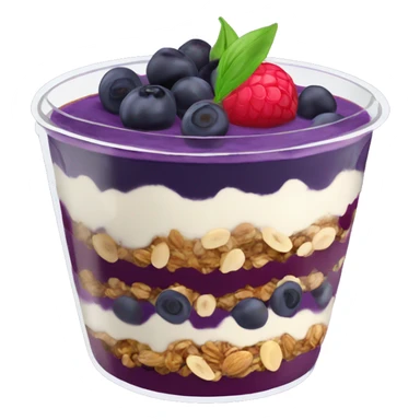 Açaí in a clear cup with layers of fruits and granola and condensed milk sticker