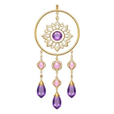 Epic Hanging gold suncatcher, threads with shiny sparkly amethyst and rose-quartz gemstones,  sticker