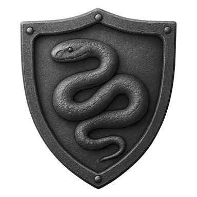 Replace the rat on the iron shield with a snake. Keep the style realistic metallic iron, slightly worn, in emoji style with transparent background. sticker