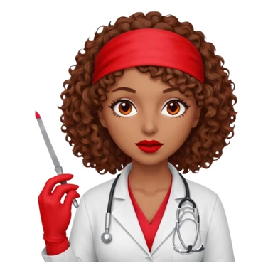Lilith scalpel in hand, evil surgeon sexy surgeon clothes.  She has red eyes.Her  brown curly hair. Wears sexy doctor outfit with red gloves. Hides mouth necknose with red bandana to hide her identity. Hair is long and brown sticker