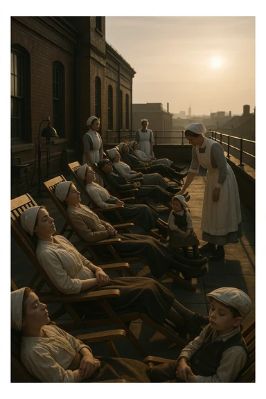 A realistic cinematic image of a hospital rooftop solarium from the 1900s, patients sunbathing under nurse supervision for heliotherapy against tuberculosis and rickets. sticker