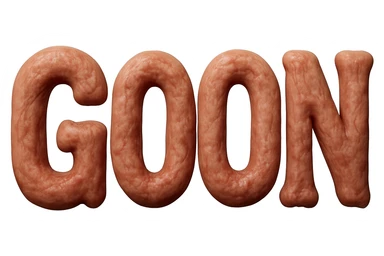 The word GOON spelled out in letters made of realistic, textured flesh, with a slightly grotesque and organic appearance, no background sticker