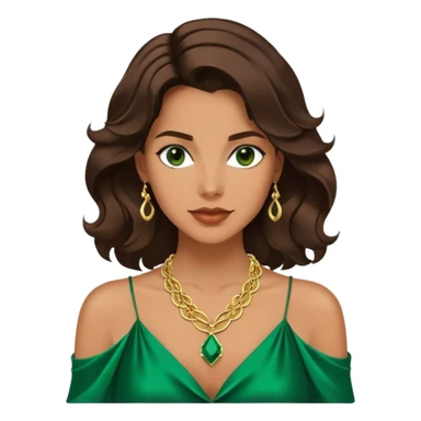 Emoji femenino con cabello suelto corto hasta los hombros castaño oscuro con ondas. Tono de piel bronceado. Viste camisa satinada verde esmeralda y lleva tres collares color dorado. Diseño minimalista pero elegante. sticker