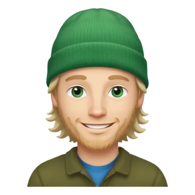 white man, mid thirties, blue eyes, mid length wavy hair, green beanie hat sticker