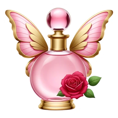 An elegant perfume bottle in Angel Pink with gold accents, surrounded by delicate butterflies with Rose Red and Deep Red wings, gracefully fluttering in a warm, romantic glow. sticker
